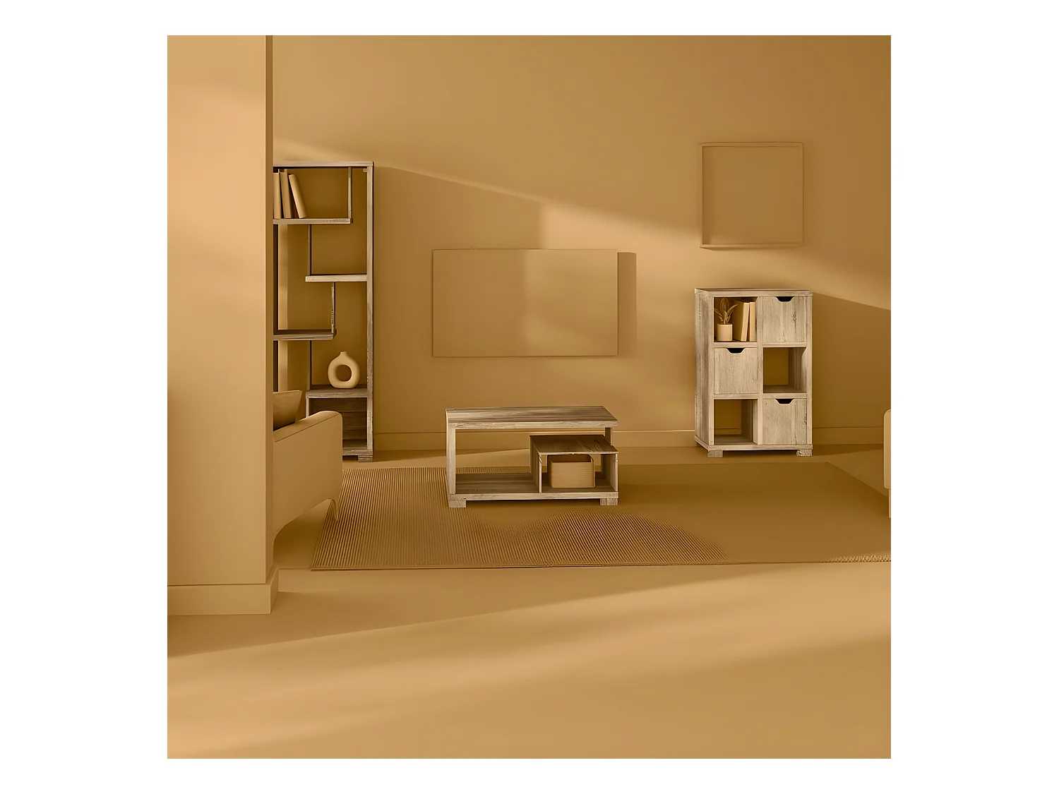 Meuble de rangement 6 cases et 3 portes effet chêne naturel H 95 cm