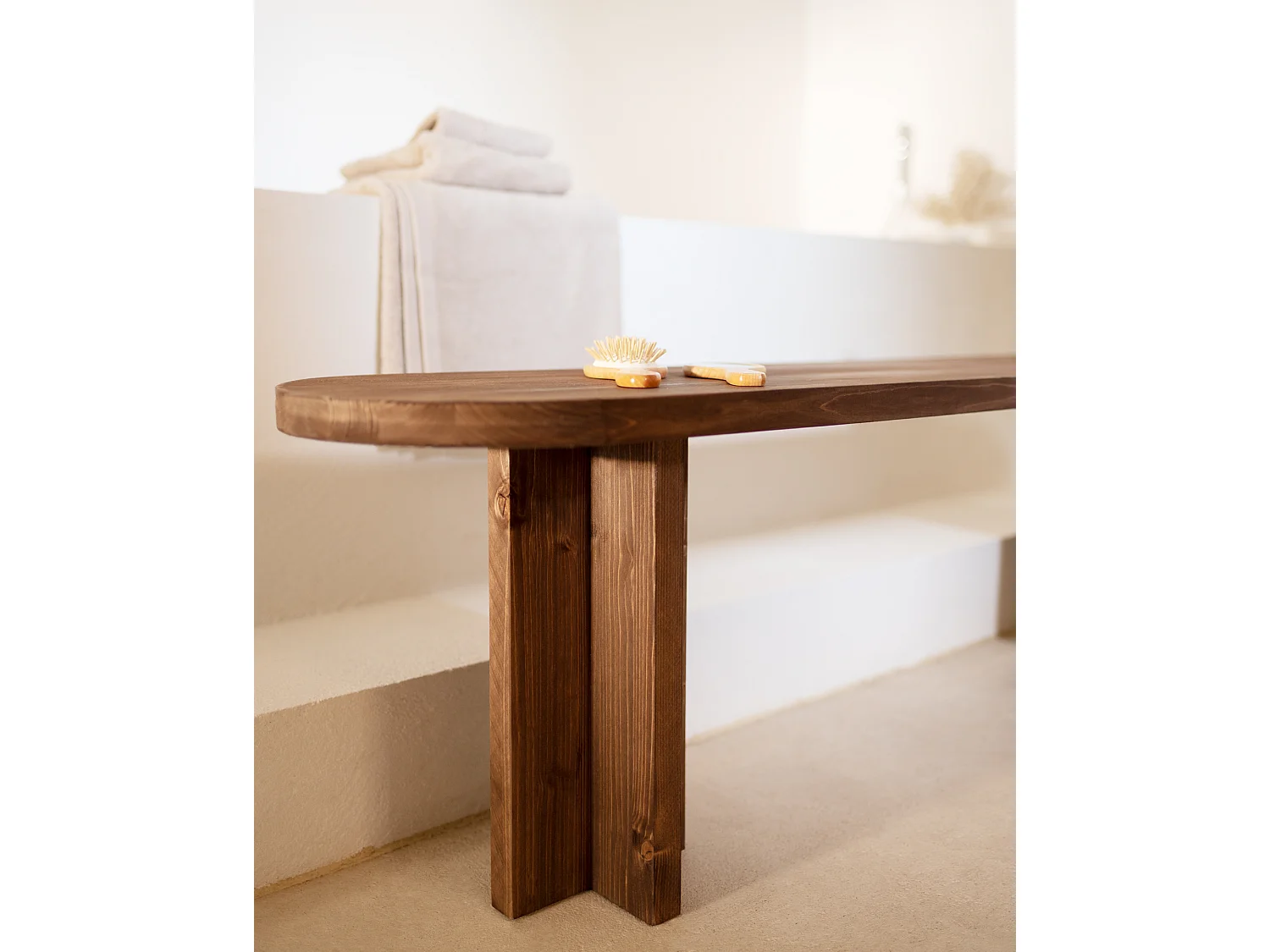 Panca ovale in legno masello in tono noce 140x45cm - TOKYO - DECOWOOD