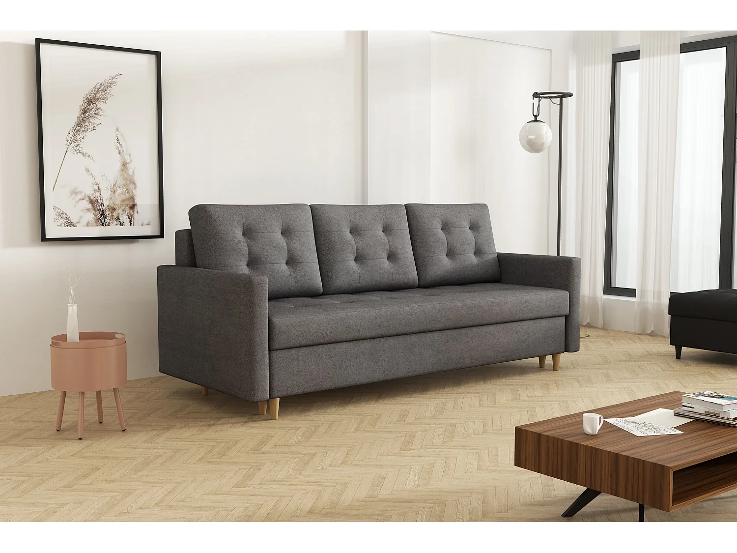 MONDIAL TISSUS - Canapé 3 places convertible - 224 x 90 x 98 cm - Gris foncé