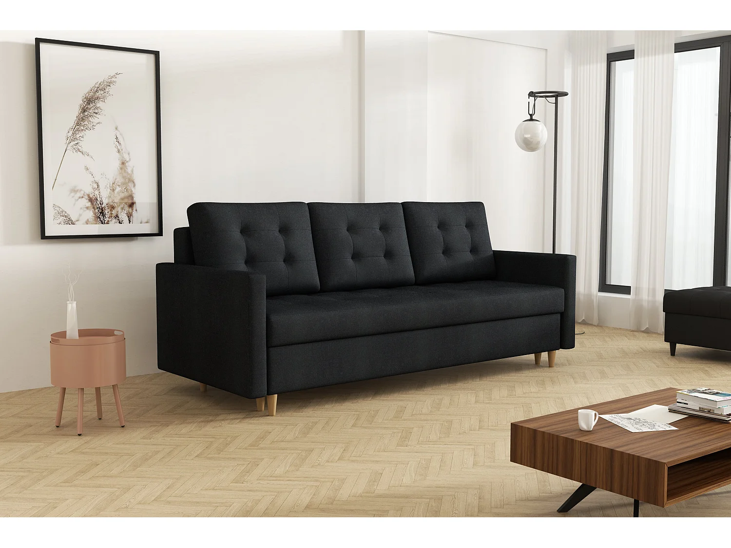 MONDIAL TISSUS - Canapé 3 places convertible - 224 x 90 x 98 cm - Noir