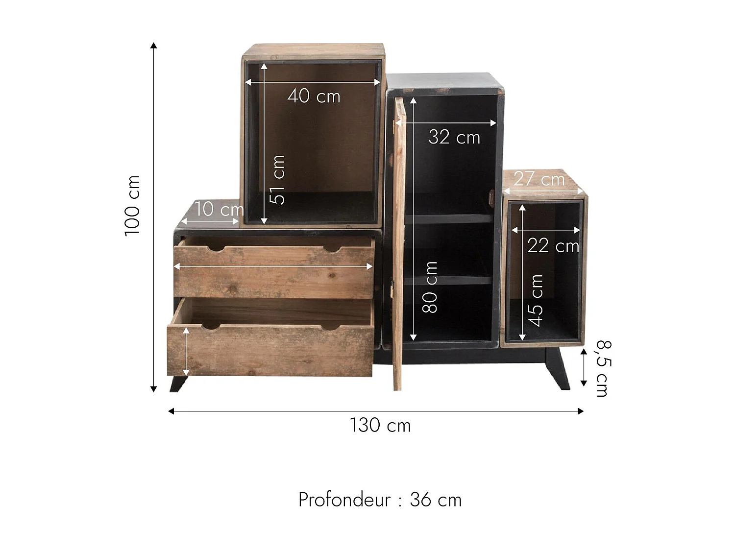Buffet modular de madera maciza Hollywood, estilo industrial, color marrón