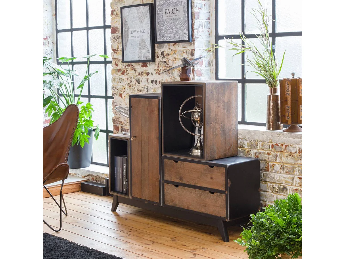 Buffet modular de madera maciza Hollywood, estilo industrial, color marrón