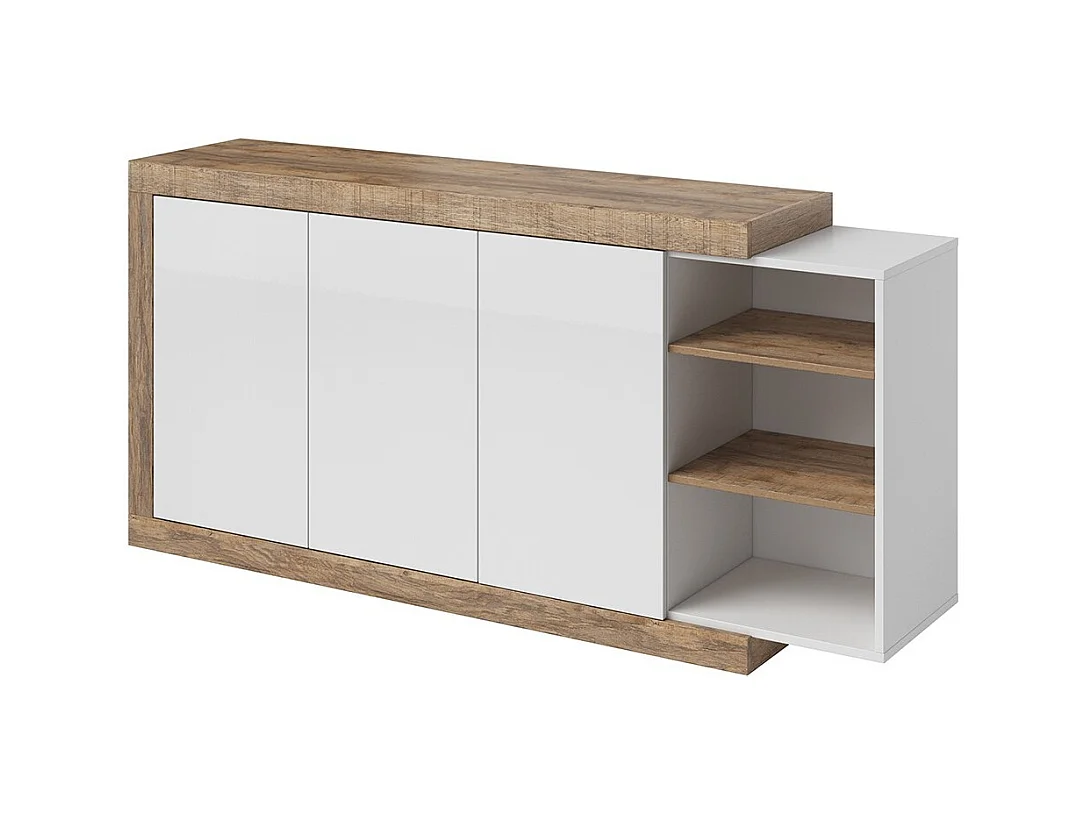 Buffet 180 cm na cor carvalho e branco brilhante com vários compartimentos de armazenamento coleção SINATRA.