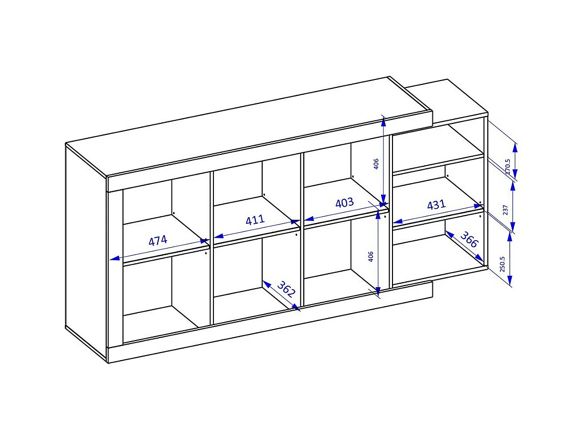 Buffet 180 cm na cor carvalho e branco brilhante com vários compartimentos de armazenamento coleção SINATRA.
