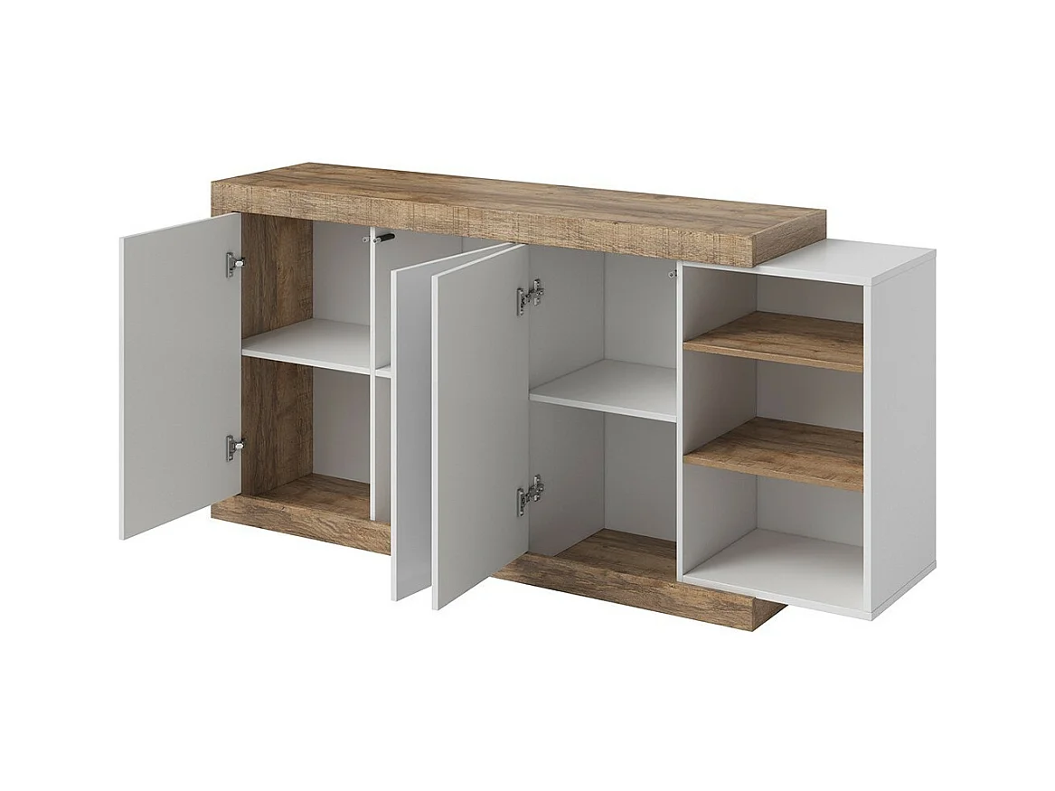 Buffet 180 cm na cor carvalho e branco brilhante com vários compartimentos de armazenamento coleção SINATRA.