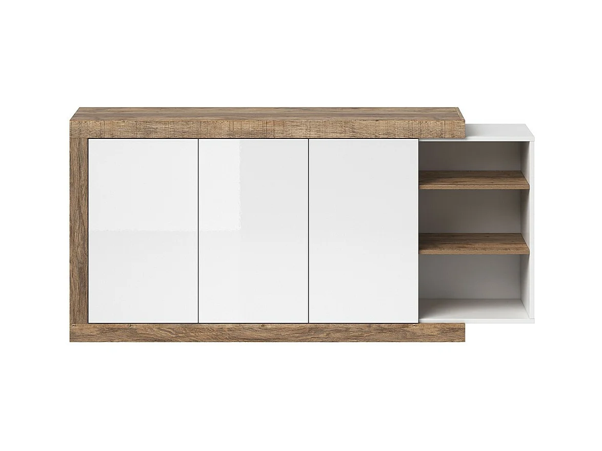 Buffet 180 cm na cor carvalho e branco brilhante com vários compartimentos de armazenamento coleção SINATRA.
