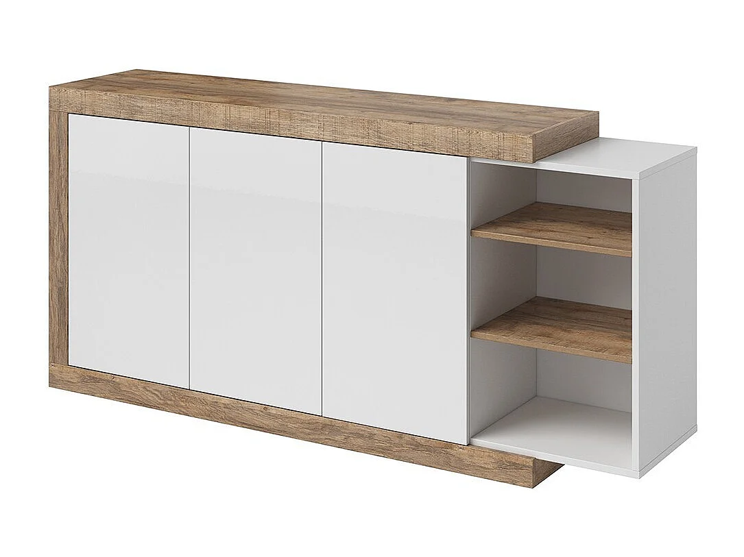 Buffet 180 cm na cor carvalho e branco brilhante com vários compartimentos de armazenamento coleção SINATRA.