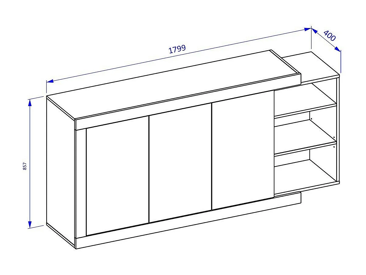Buffet 180 cm na cor carvalho e branco brilhante com vários compartimentos de armazenamento coleção SINATRA.