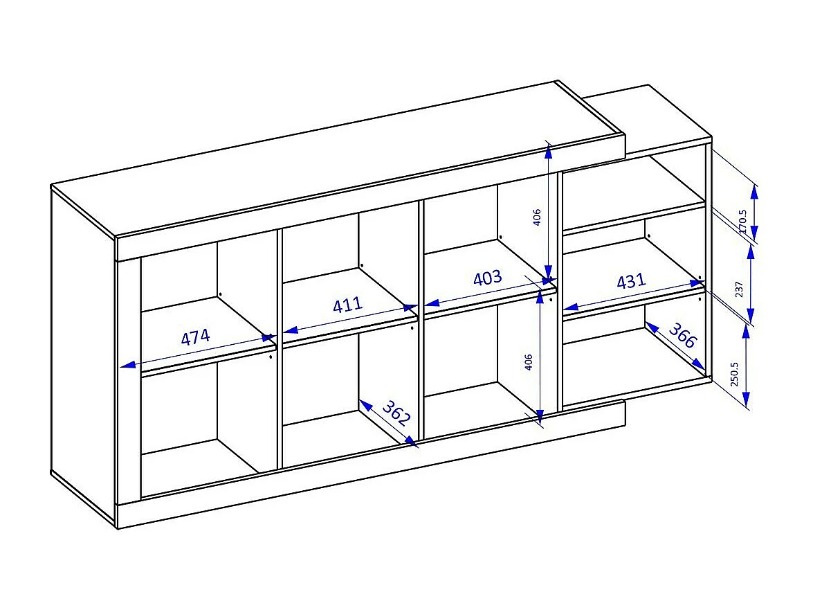 Buffet 180 cm na cor carvalho e branco brilhante com vários compartimentos de armazenamento coleção SINATRA.