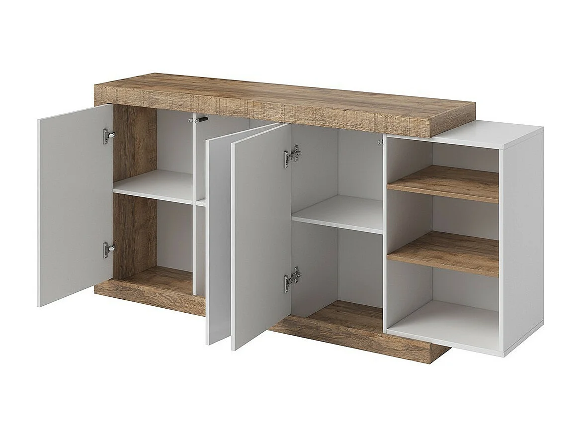 Buffet 180 cm na cor carvalho e branco brilhante com vários compartimentos de armazenamento coleção SINATRA.