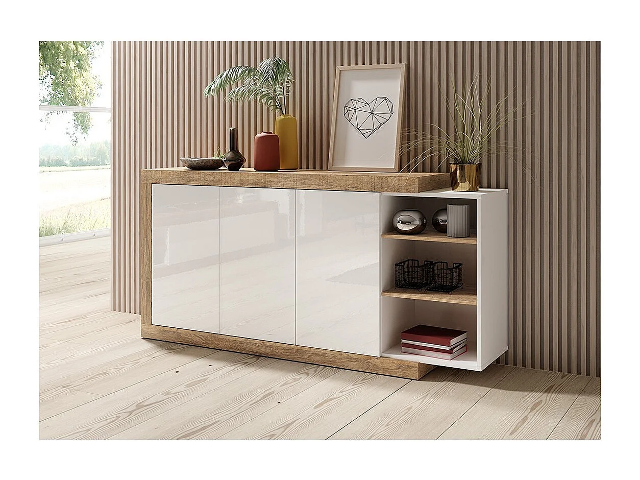 Buffet 180 cm na cor carvalho e branco brilhante com vários compartimentos de armazenamento coleção SINATRA.
