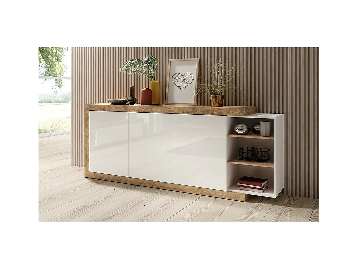 Buffet XL 220cm nas cores carvalho e branco brilhante com muitos armazenamentos coleção SINATRA.