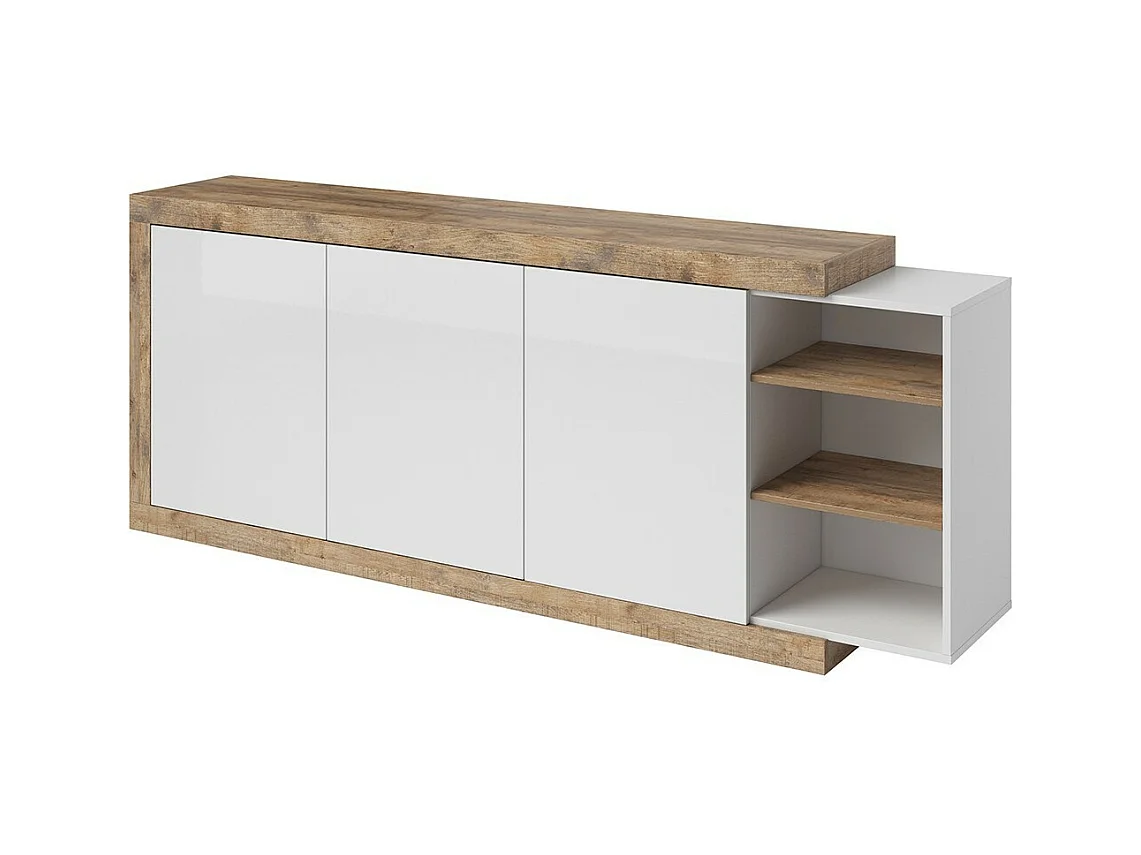 Buffet XL 220cm coloris chêne et blanc brillant avec nombreux rangements collection SINATRA.