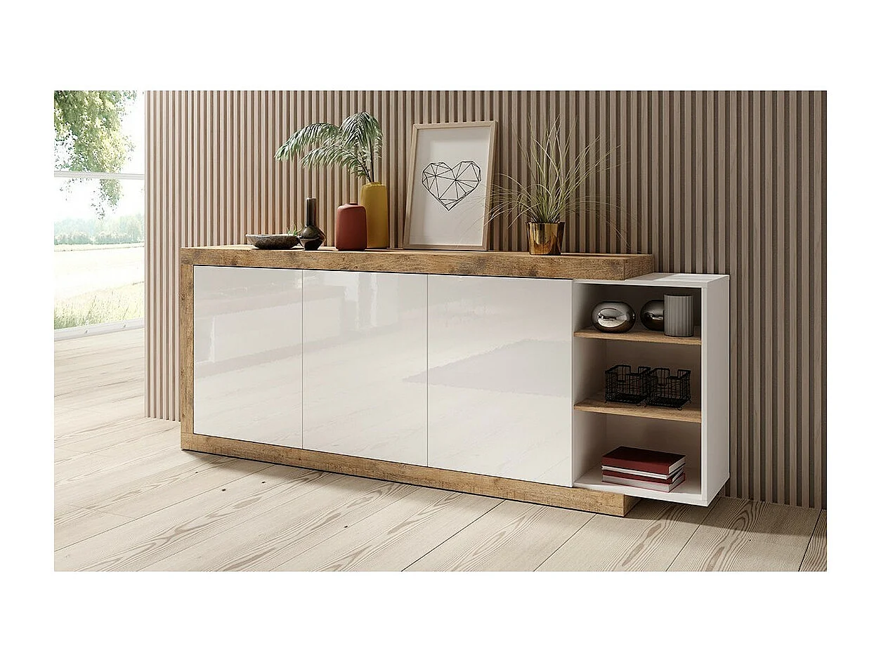 Buffet XL 220cm nas cores carvalho e branco brilhante com muitos armazenamentos coleção SINATRA.