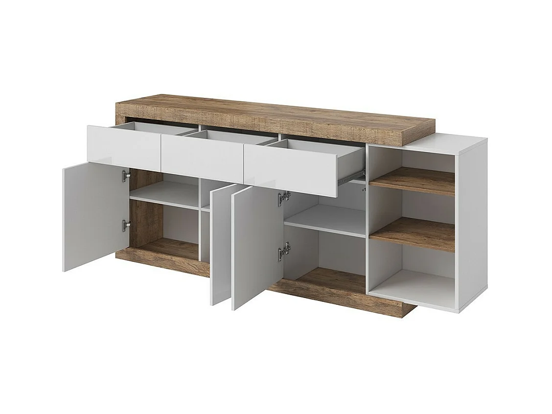 Buffet 200cm in Eichenfarbe und Hochglanzweiß mit vielen Aufbewahrungsmöglichkeiten, Kollektion SINATRA.