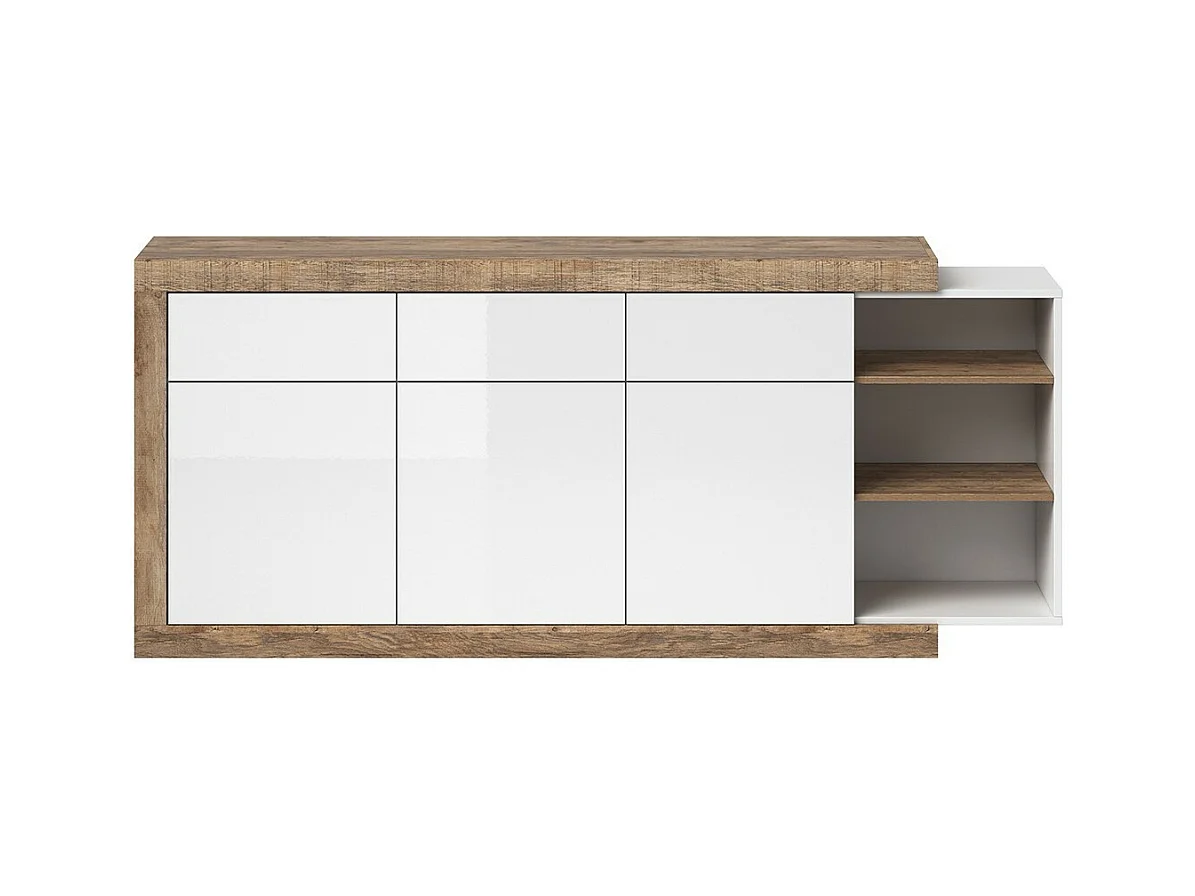 Buffet 200cm in Eichenfarbe und Hochglanzweiß mit vielen Aufbewahrungsmöglichkeiten, Kollektion SINATRA.