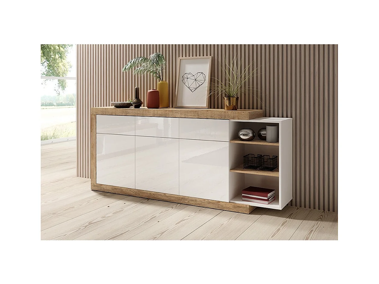 Buffet 200cm in Eichenfarbe und Hochglanzweiß mit vielen Aufbewahrungsmöglichkeiten, Kollektion SINATRA.