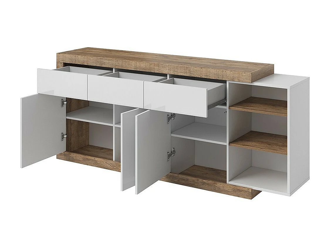 Buffet 200cm coloris chêne et blanc brillant avec nombreux rangements collection SINATRA.