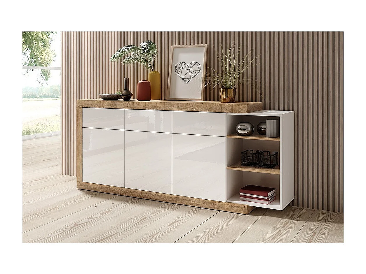 Buffet 200cm coloris chêne et blanc brillant avec nombreux rangements collection SINATRA.