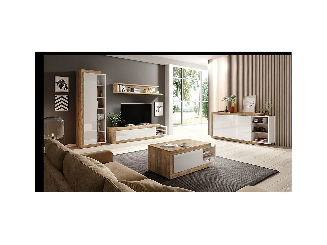 Wandregal 180cm in Eichenfarbe und Hochglanz Weiß, Kollektion SINATRA