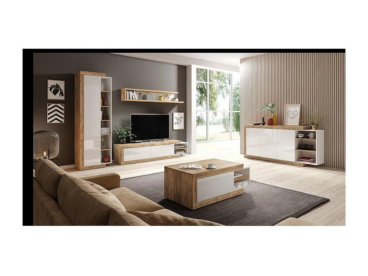 Wandplank 180cm in eiken kleur en hoogglans wit, collectie SINATRA