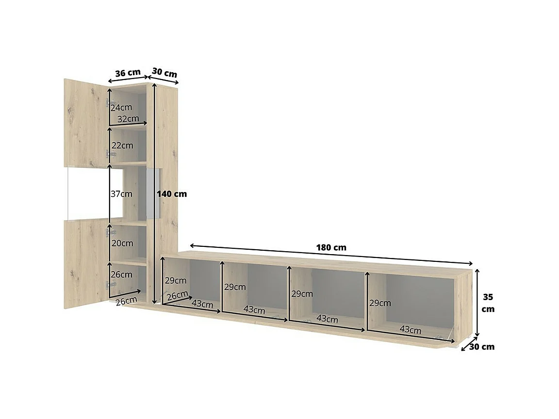 Ensemble meuble TV et vitrine collection EVA. Couleur chêne et noir.