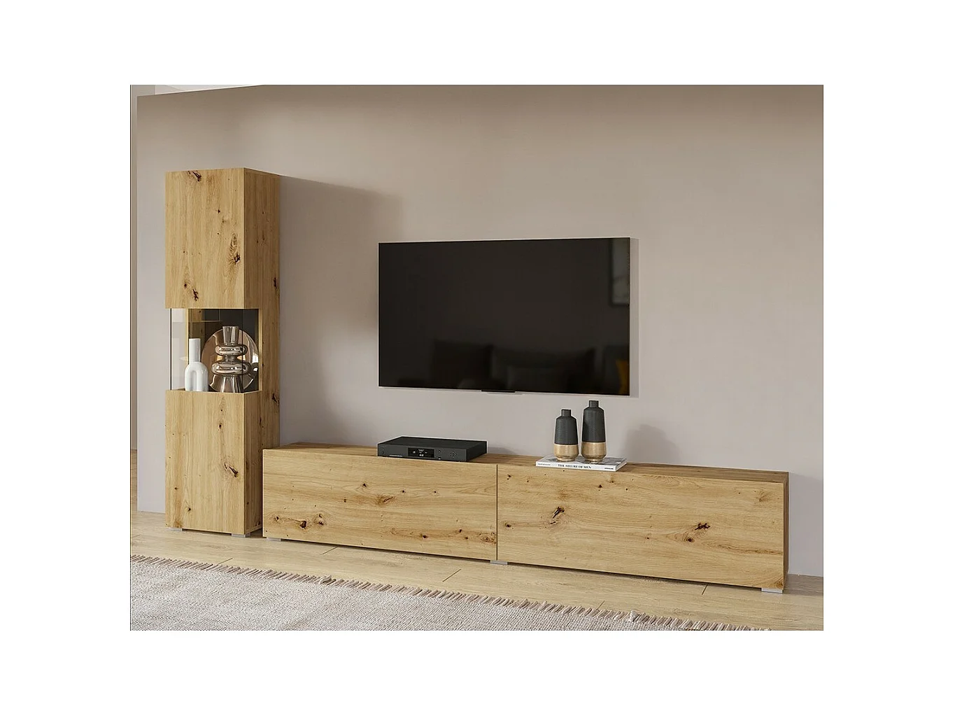 Ensemble meuble TV et vitrine collection EVA. Couleur chêne et noir.