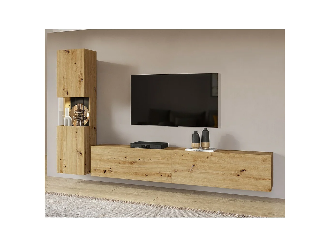 Conjunto de móveis para TV e vitrine coleção EVA. Cor carvalho e preto.