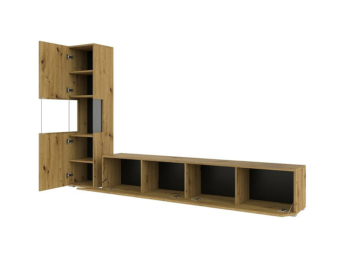 Conjunto de móveis para TV e vitrine coleção EVA. Cor carvalho e preto.