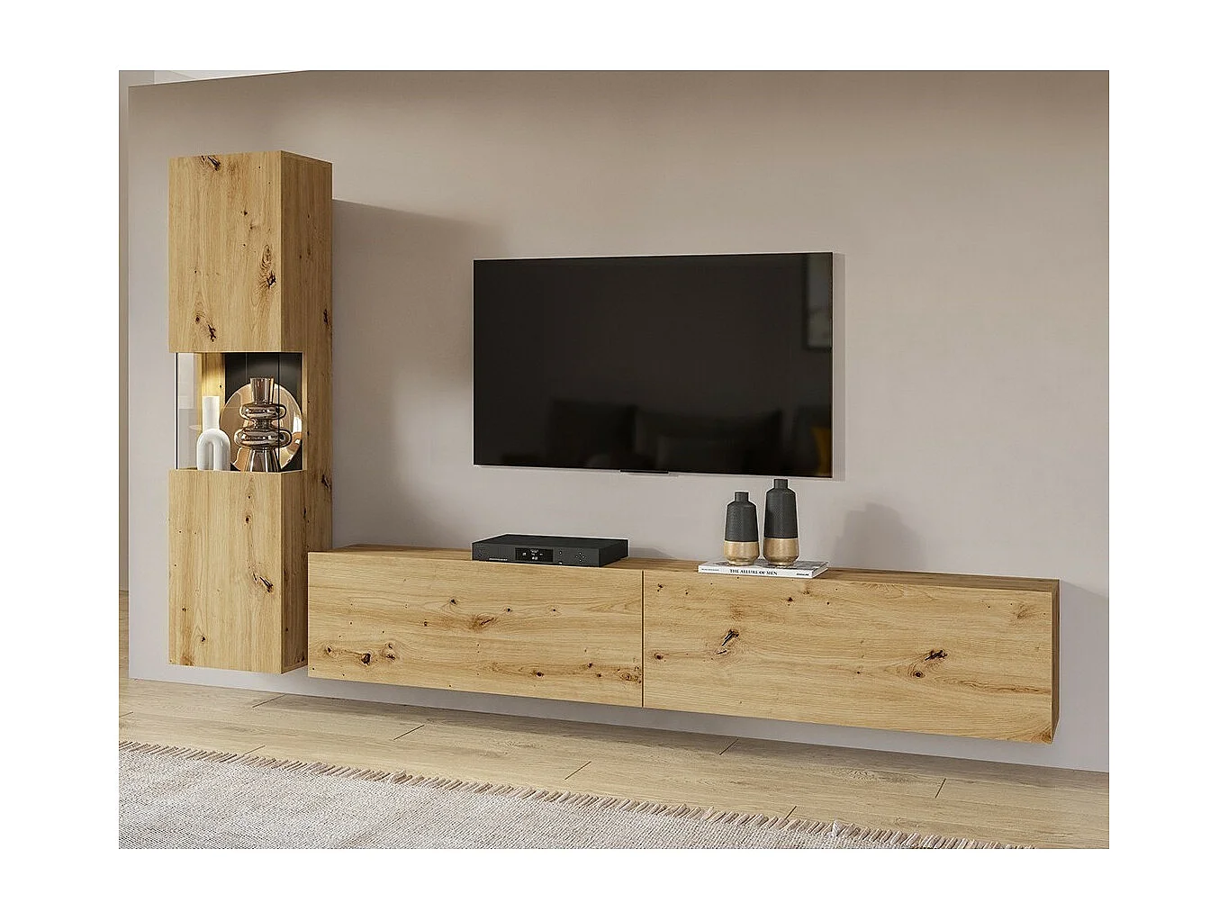 TV-meubel en vitrinekast set uit de EVA collectie. Kleur eiken en zwart.