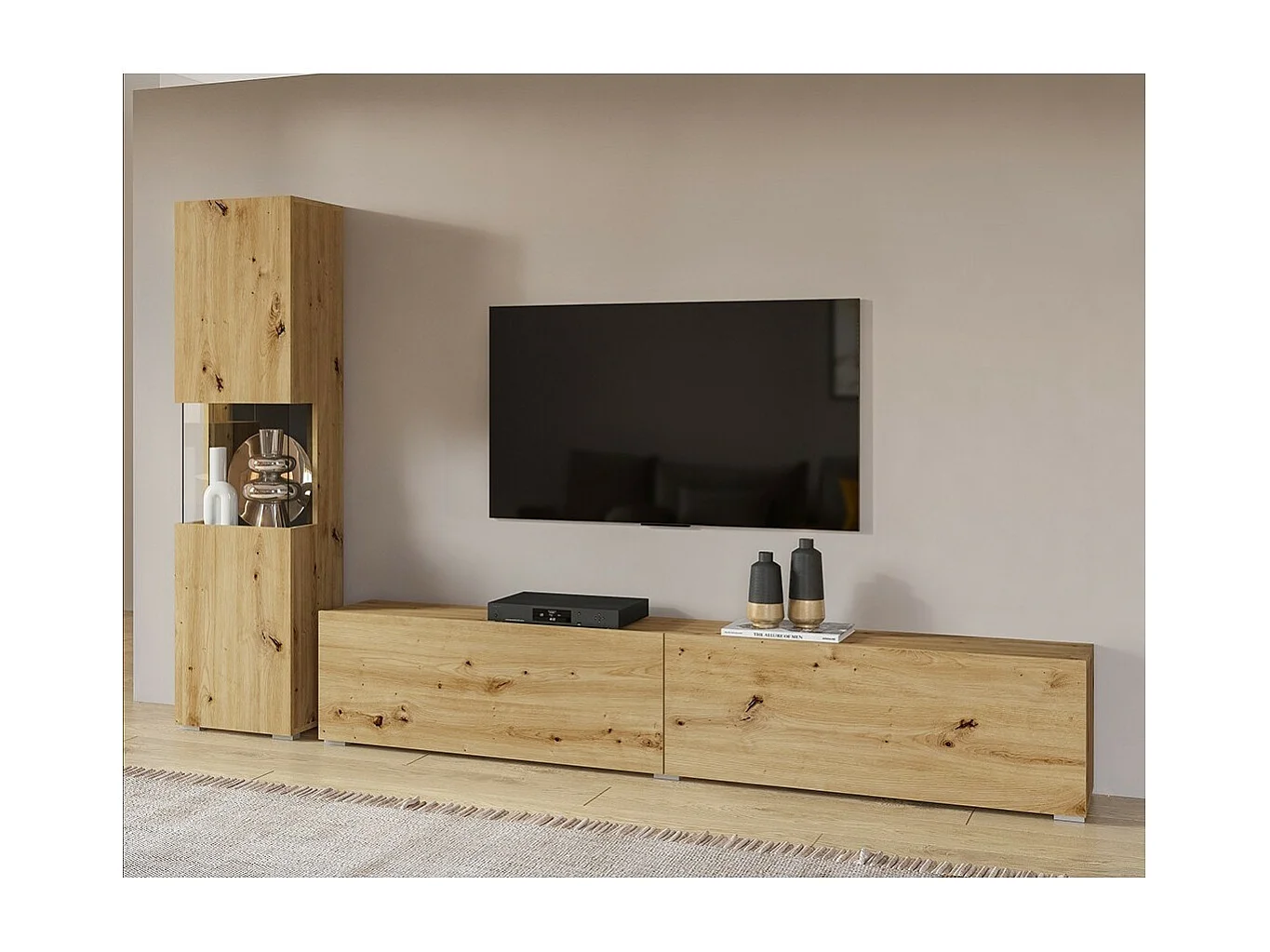 TV-meubel en vitrinekast set uit de EVA collectie. Kleur eiken en zwart.