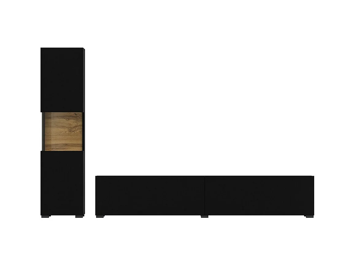 Ensemble meuble TV et vitrine collection EVA. Couleur noir et chêne.