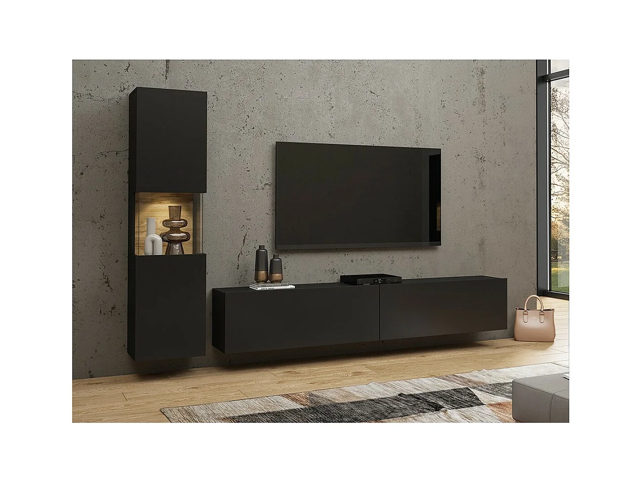 Ensemble meuble TV et vitrine collection EVA. Couleur noir et chêne.