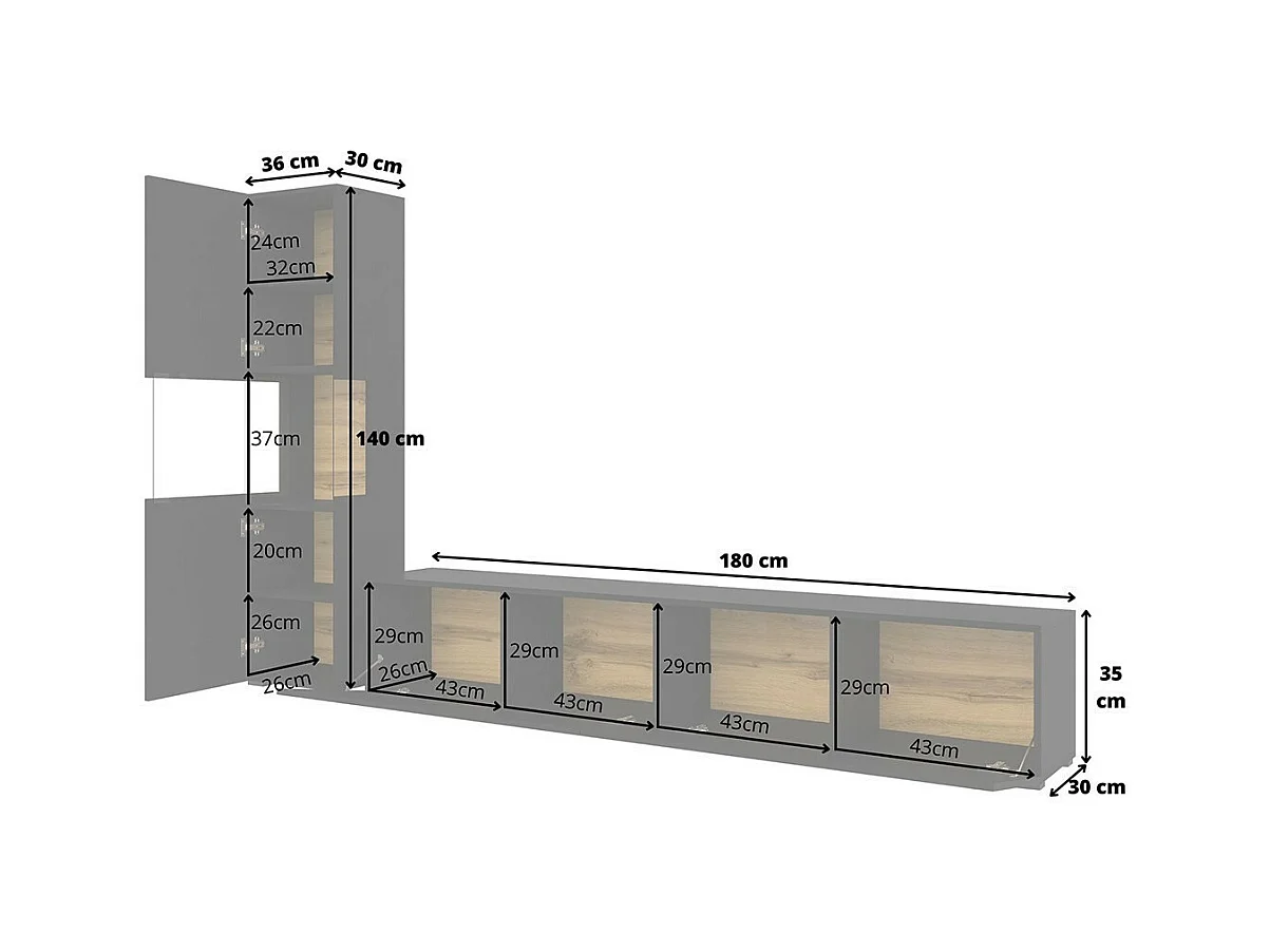 Conjunto de móveis para TV e vitrine coleção EVA. Cor preta e carvalho.