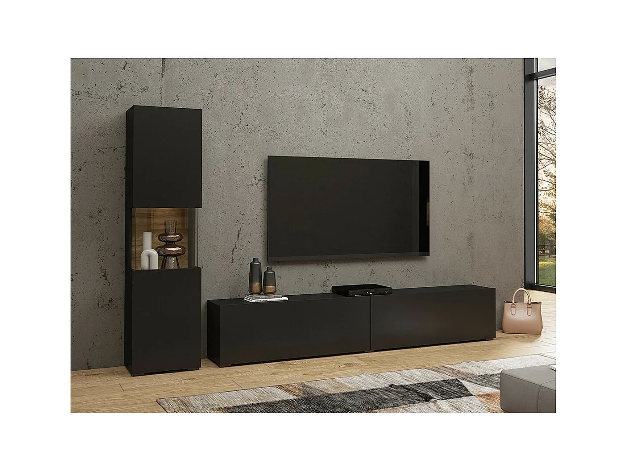 Conjunto de móveis para TV e vitrine coleção EVA. Cor preta e carvalho.