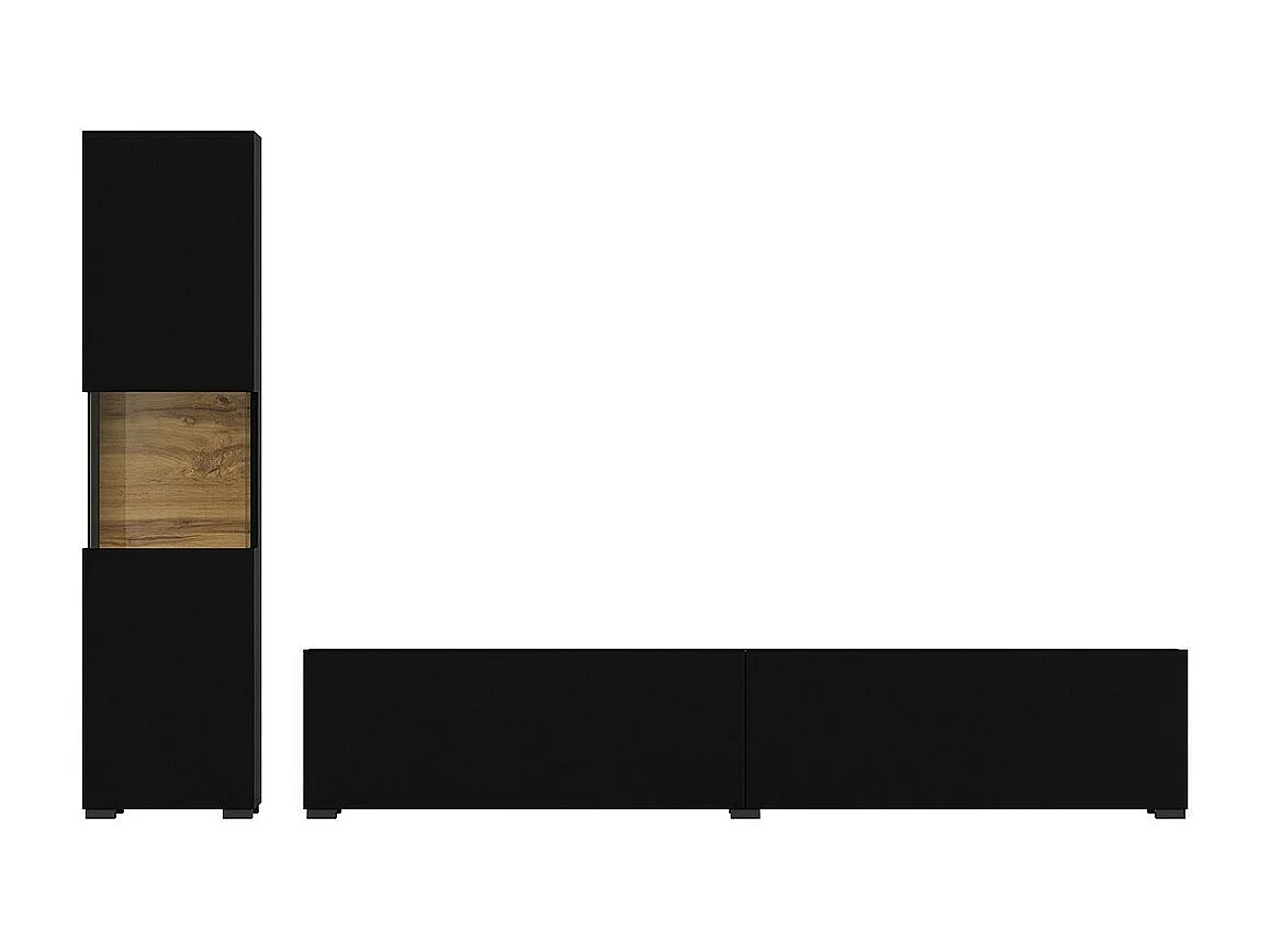 Ensemble meuble TV et vitrine collection EVA. Couleur noir et chêne.