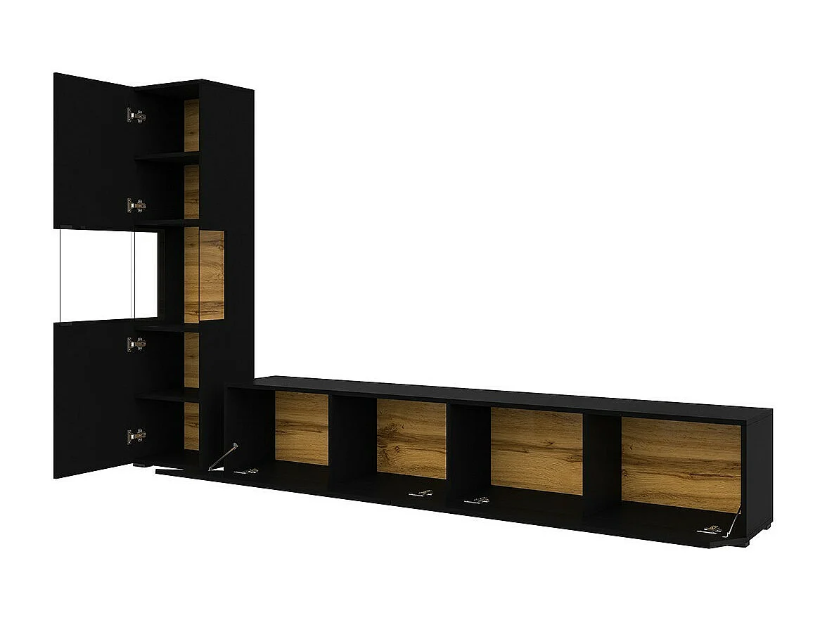 Ensemble meuble TV et vitrine collection EVA. Couleur noir et chêne.