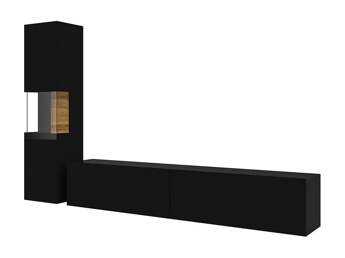 Ensemble meuble TV et vitrine collection EVA. Couleur noir et chêne.