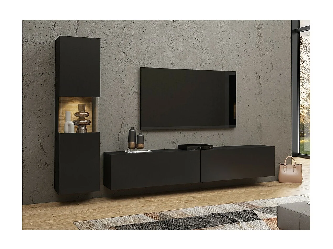 Ensemble meuble TV et vitrine collection EVA. Couleur noir et chêne.