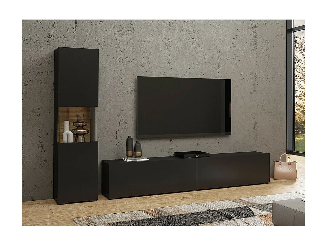 Ensemble meuble TV et vitrine collection EVA. Couleur noir et chêne.