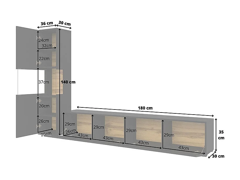 TV-meubel en vitrinekast set uit de EVA collectie. Kleur zwart en eiken.