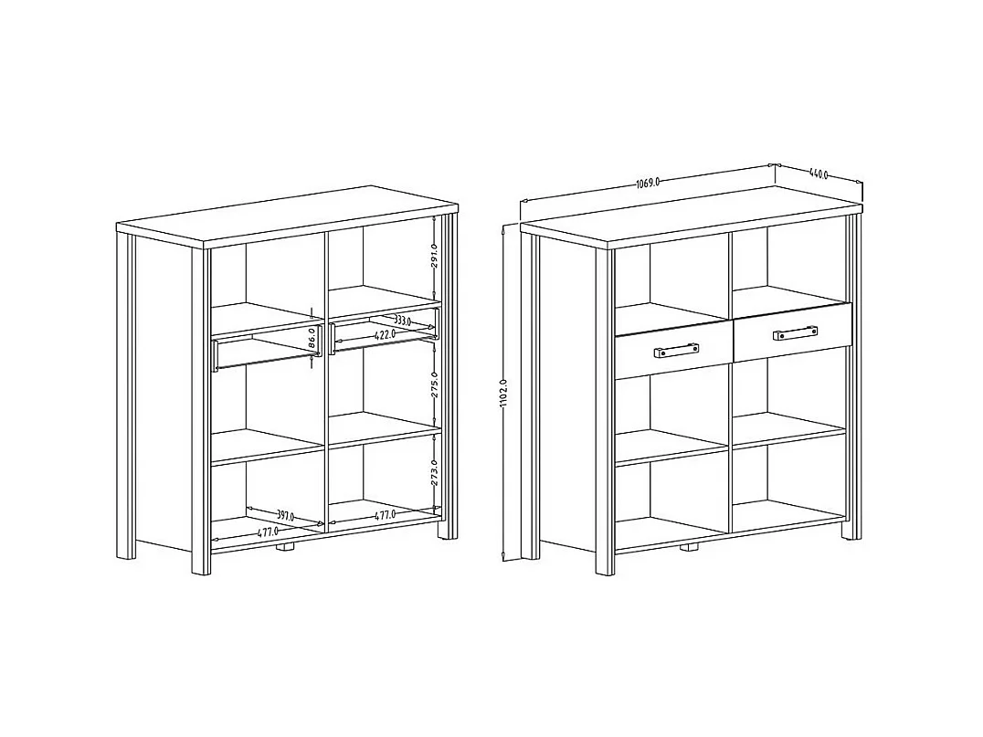 Aparador 110cm com 2 gavetas coleção WINDSOR. Cores cinza antracite e carvalho escuro.