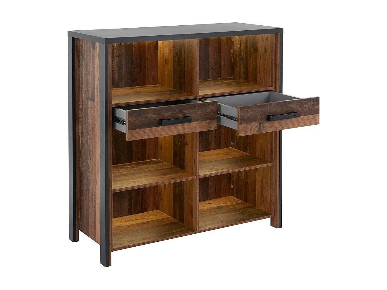 Bahut WINDSOR gris anthracite et chêne foncé - 110 cm - 2 tiroirs, 6 niches - 107 x 110 x 44 cm