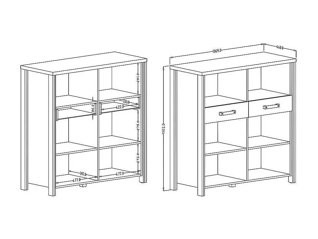 Bahut WINDSOR gris anthracite et chêne foncé - 110 cm - 2 tiroirs, 6 niches - 107 x 110 x 44 cm