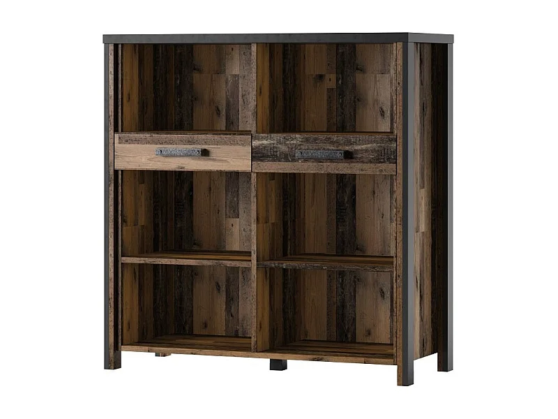 Bahut WINDSOR gris anthracite et chêne foncé - 110 cm - 2 tiroirs, 6 niches - 107 x 110 x 44 cm