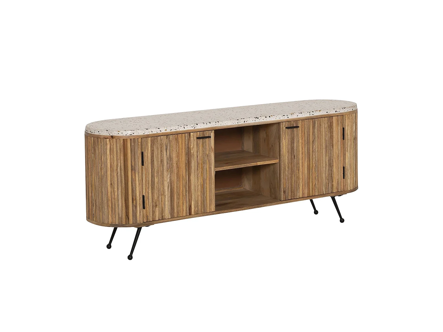 Mueble TV de madera de mango y terrazo Ambrine - Diseño contemporáneo con patas compás y almacenamiento