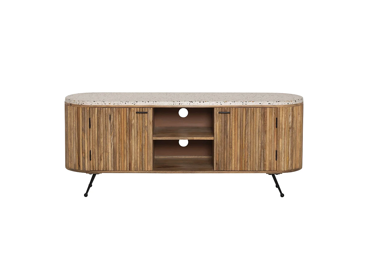 Mueble TV de madera de mango y terrazo Ambrine - Diseño contemporáneo con patas compás y almacenamiento