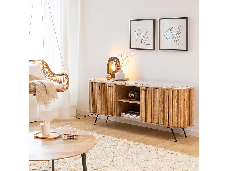 Meuble TV en bois de manguier et terrazzo Ambrine