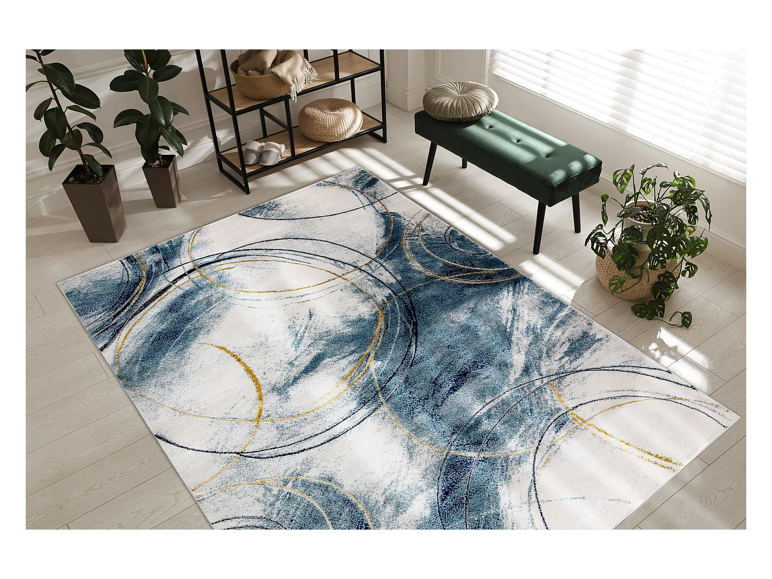 Tapis EMERALD exclusif A0087 glamour, élégant cercles bleu / or 140x190 cm