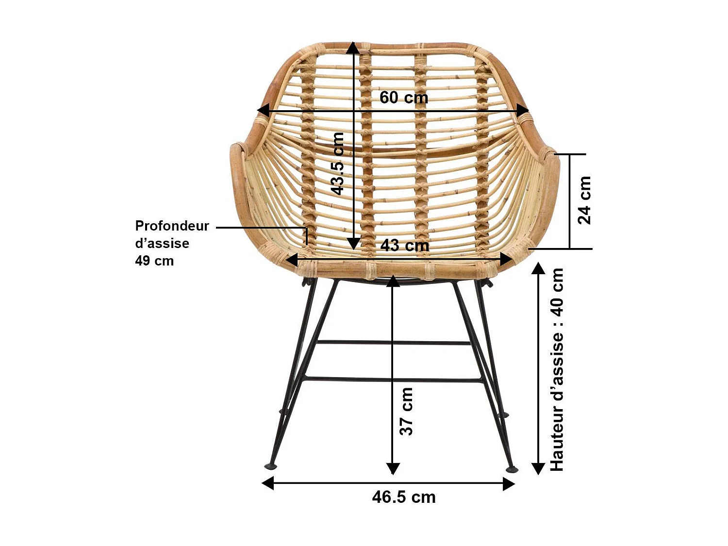 Sillón de mimbre con patas de compás para una comodidad óptima